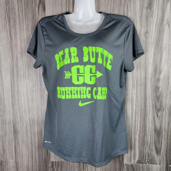 Nike Tops - Nike Dri-FIT Womens Bear Butte CC Running Camp Graphic T-Shirt Gray Neon Green M